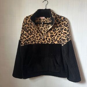 Leopard Print Half-Zip Sherpa Pullover Jacket - Black & Tan